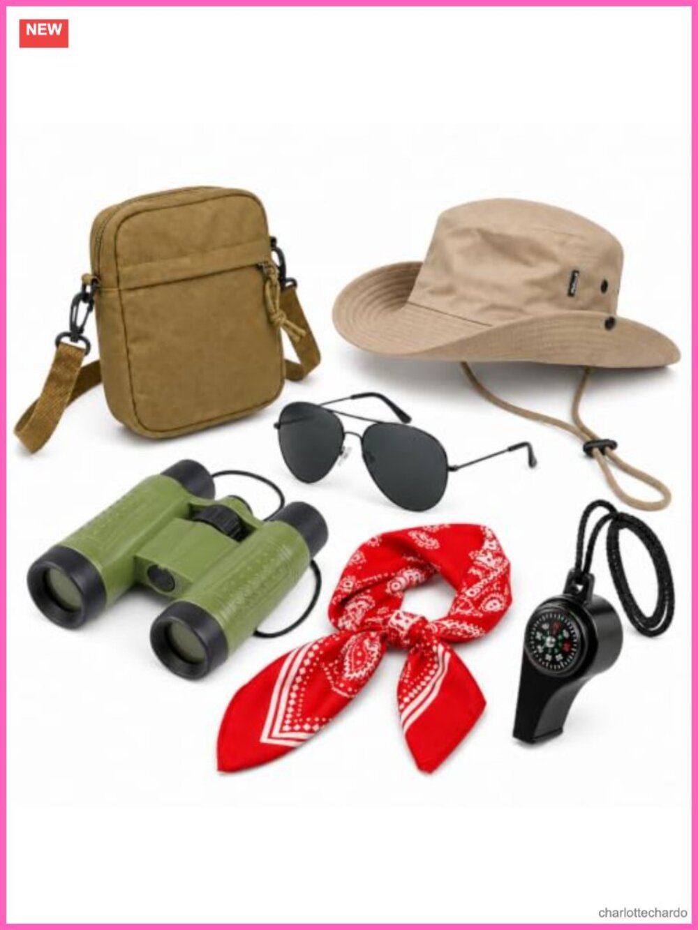 Safari Explorer Costume Set Ranger Hat Bandana Binoculars Bag Compass